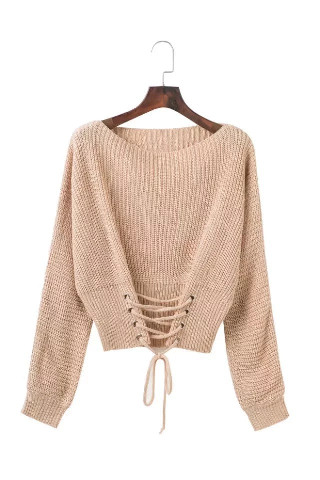 Knit sweater for women with open back detail and adjustable laces Lune London