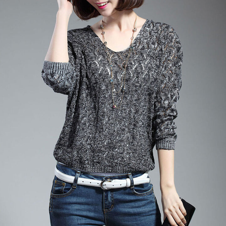 Women's knit pullover with V-neck and airy perforated pattern Lune London