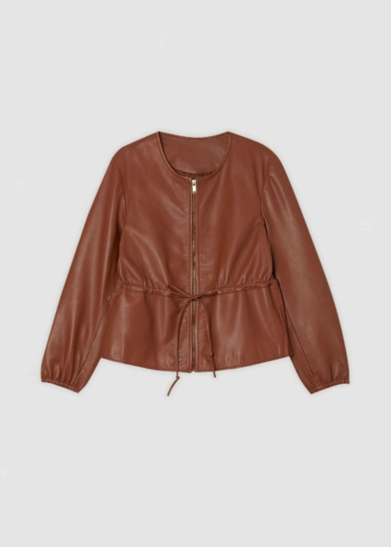 Lune London | Cognac Faux Leather Zip Jacket with Drawstring Waist