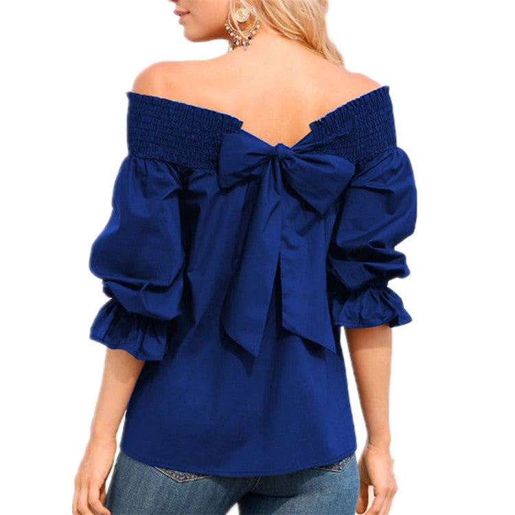Off-shoulder blouse for women with ruffle sleeves and bow detail Lune London