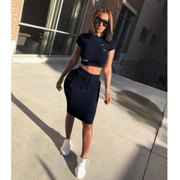 Ensemble femme de top court et jupe-pantalon ajustée avec cordon de serrage Chic & Stil