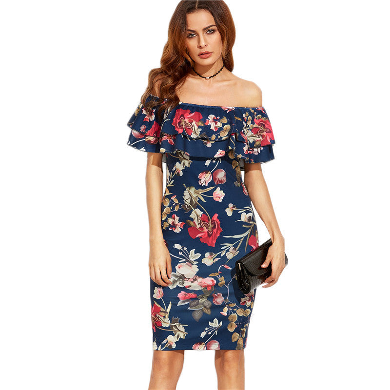 Robe à fleurs pour femme à épaules dénudées avec des détails de volants volumineux et une coupe moulante Chic & Stil