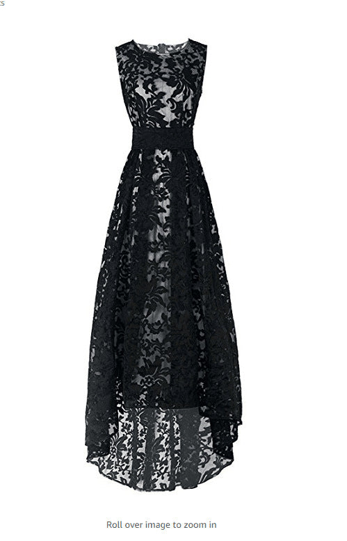 Women's lace maxi dress with elegant long overlay and floral details Lune London