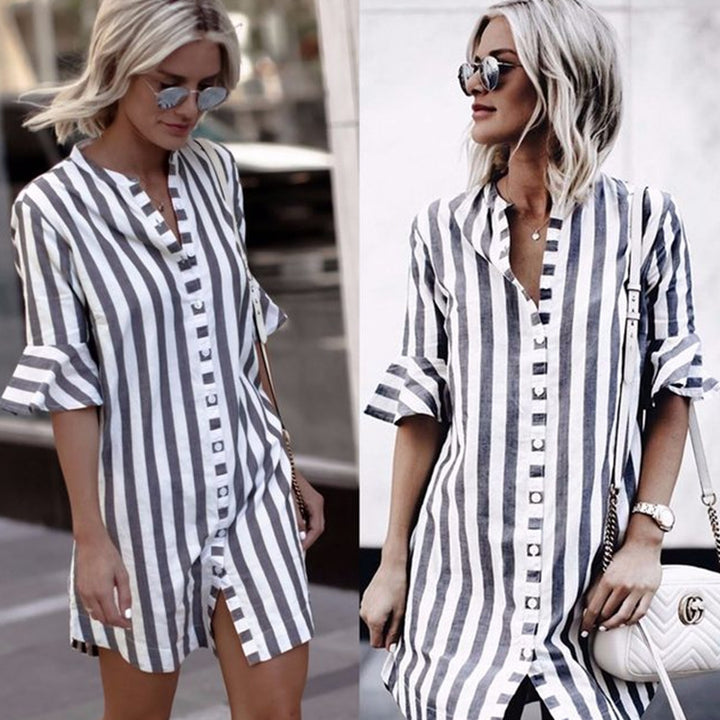 Robe chemise rayée pour femmes avec des détails de volants à la mode et fermeture par boutons Chic & Stil