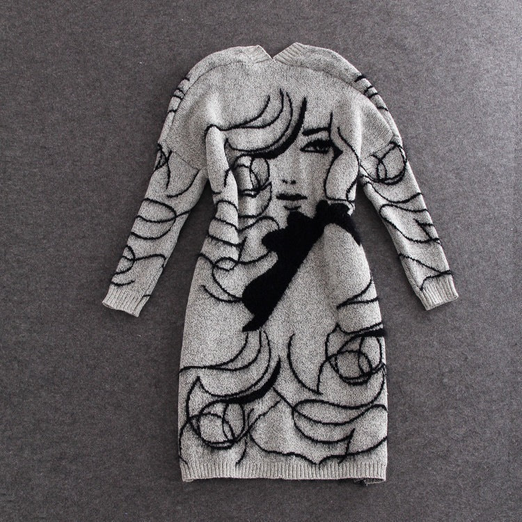 Women's knit dress with artistic graphic design and an elegant V-neck Chic and Style