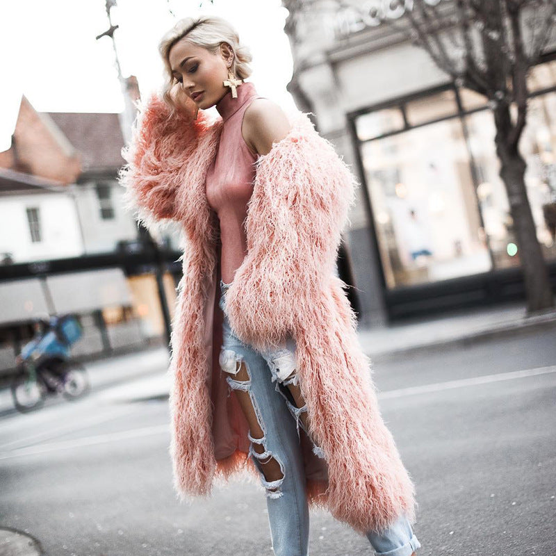 Ladies Long Fluffy Coat in Faux Fur Lune London