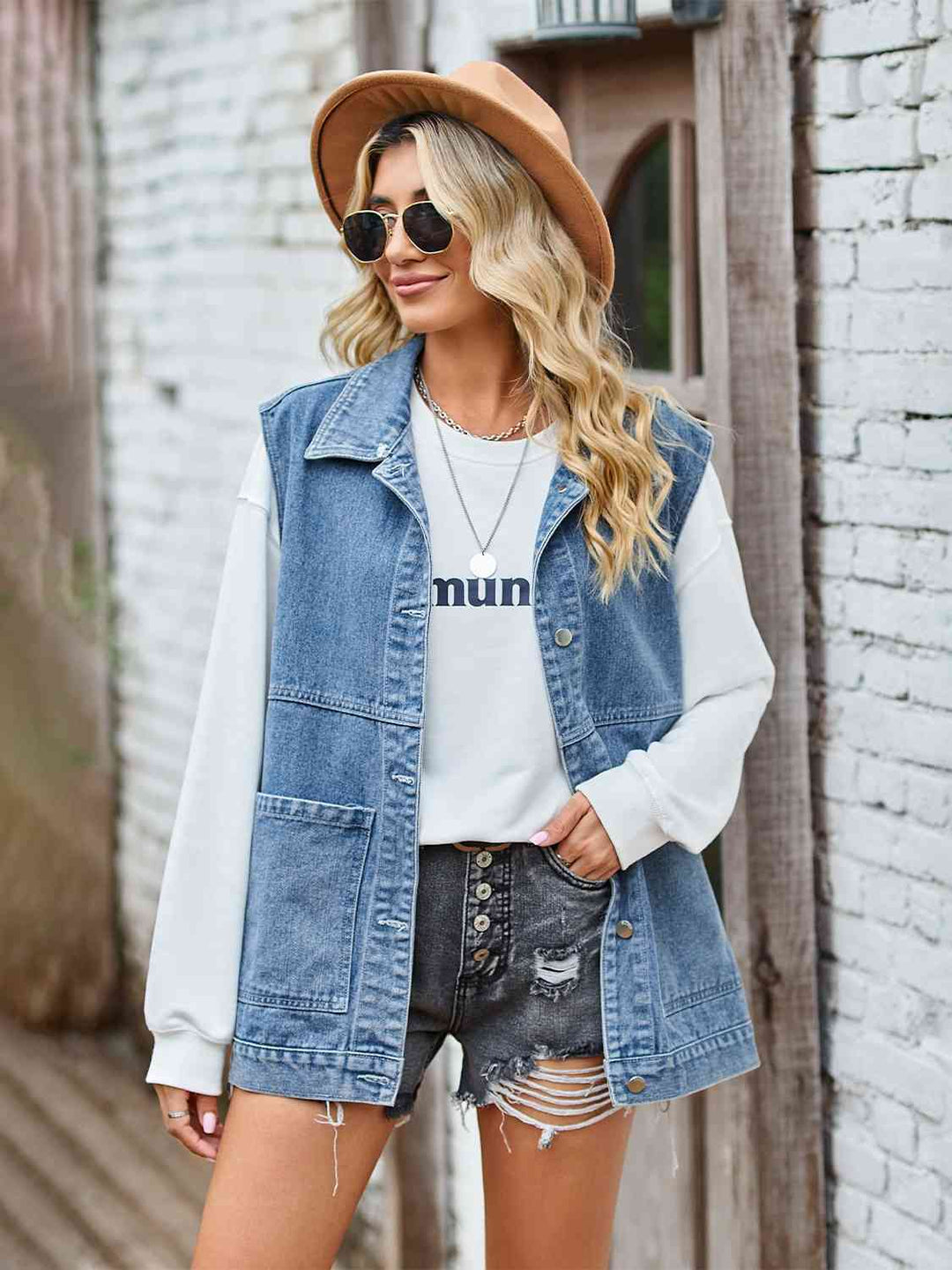 Lune London | Button-Front Sleeveless Denim Jacket