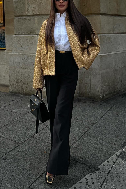 Lune London | Stand Collar Zip-Up Pockets Sequin Jacket