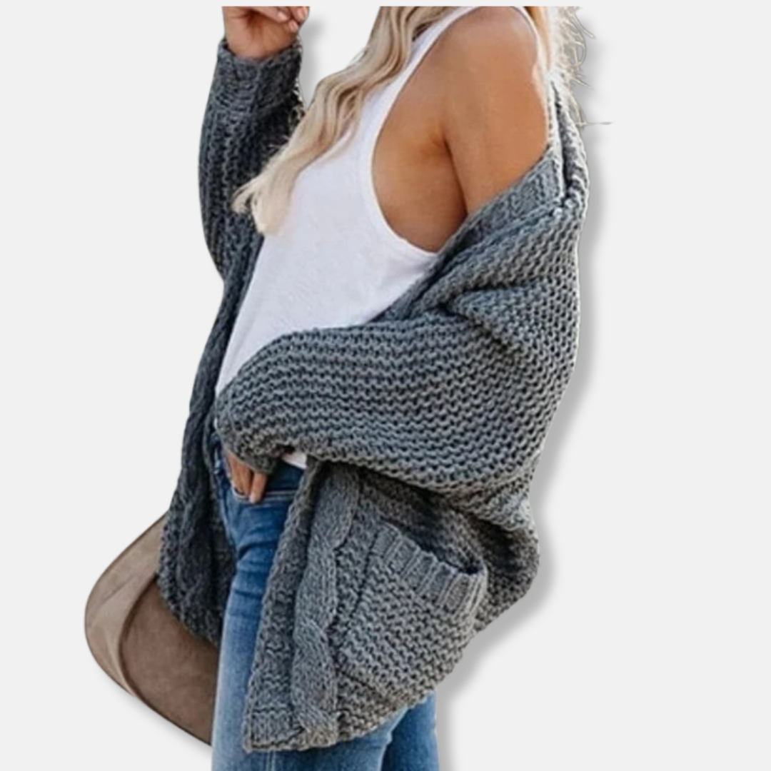 Lune London | Wool Oversized Cardigan - Ribbed Open Front Pocket Cardigan