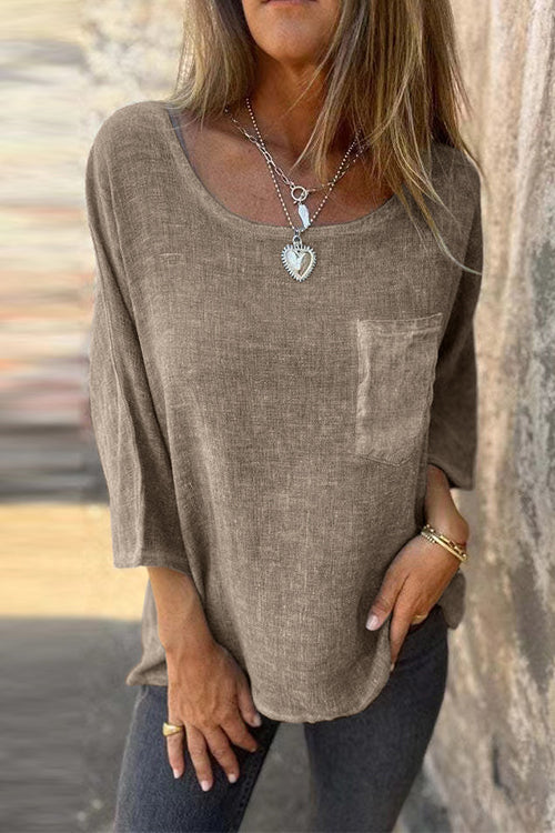 Chic Und Stil | Rosiedress 3/4 Sleeves with Pockets Cotton Linen Casual T-Shirt