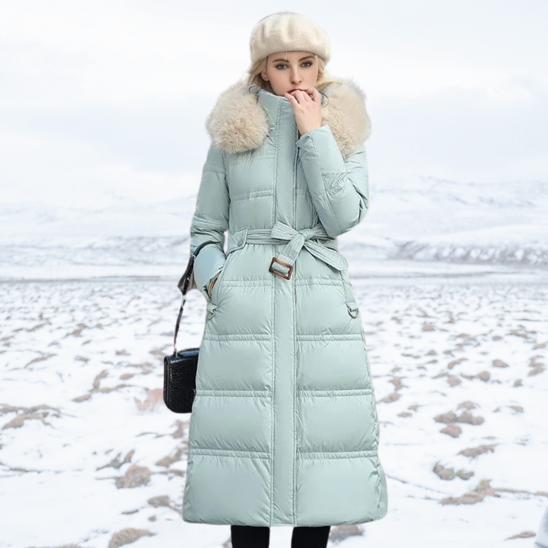 Lune London | Long Winter Jacket Puffer Design Faux Fur Hood Tailored Belt Warm and Insulating