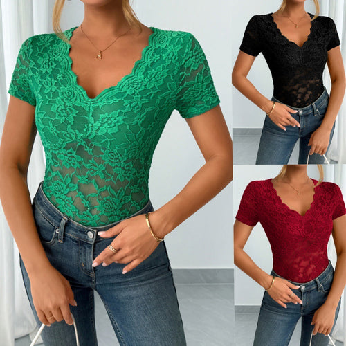Lune London | Women Solid Sexy Lace V-Neck Short Sleeve