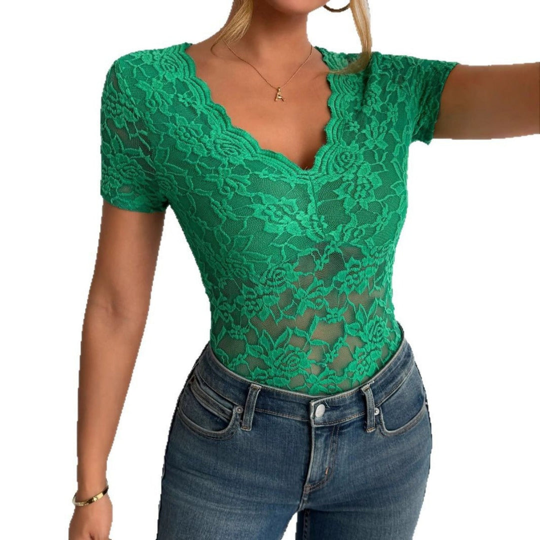 Lune London | Women Solid Sexy Lace V-Neck Short Sleeve