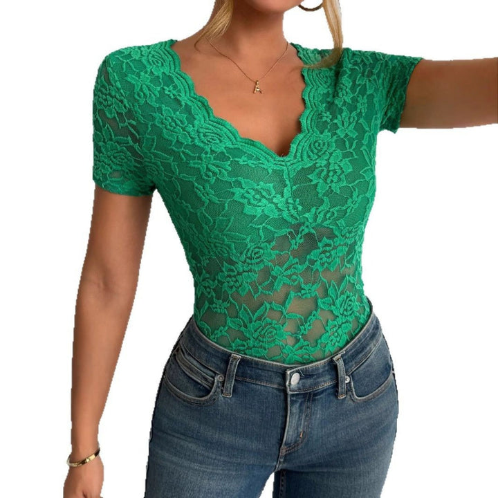 Lune London | Women Solid Sexy Lace V-Neck Short Sleeve