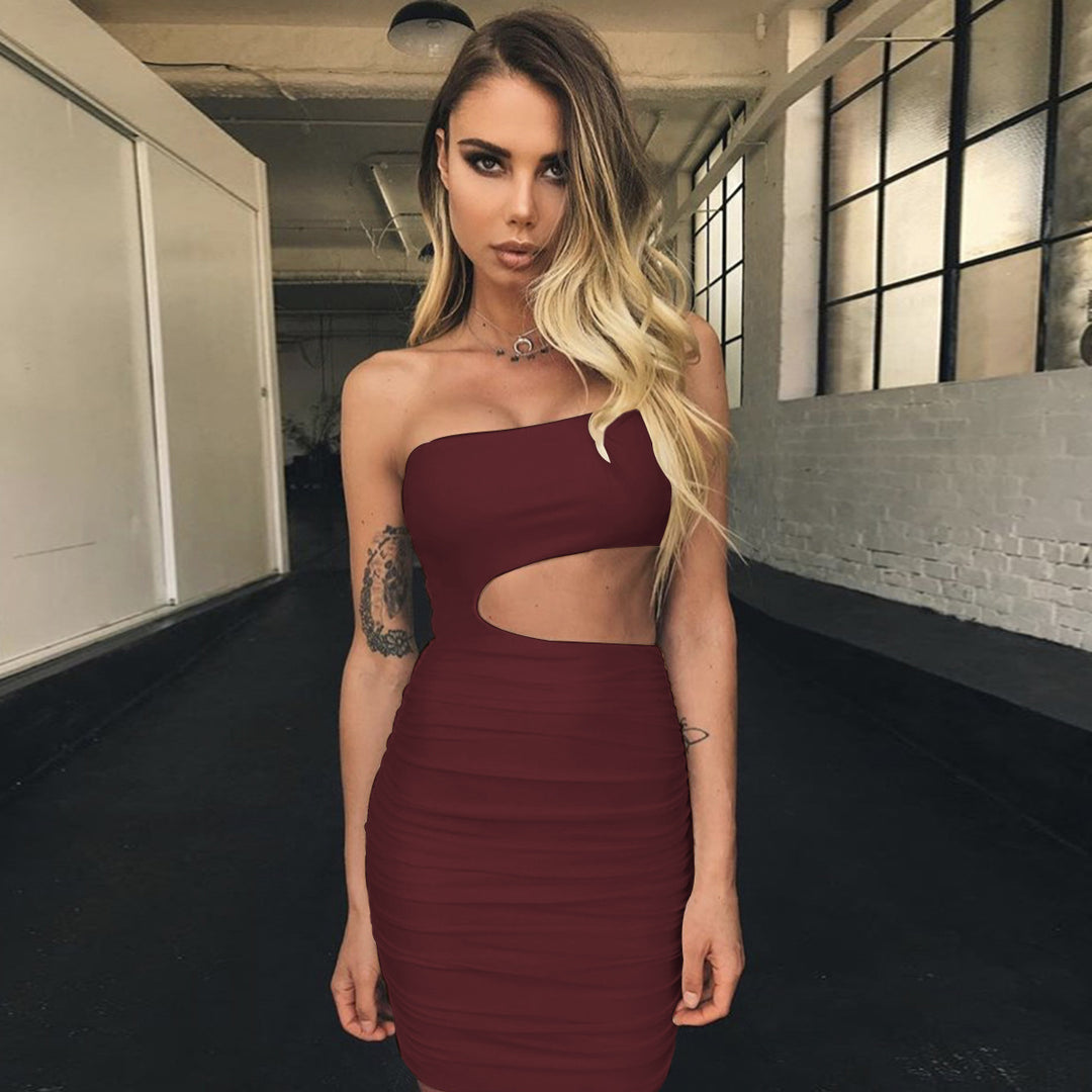 Women's figure-hugging mini dress with cut-out and asymmetrical neckline Lune London