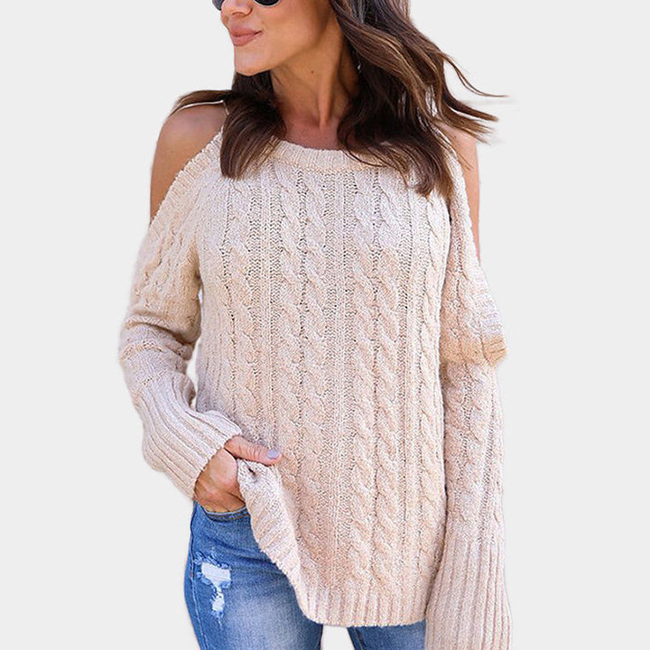 Chunky knit sweater for women with off-shoulder design and cable pattern Lune London