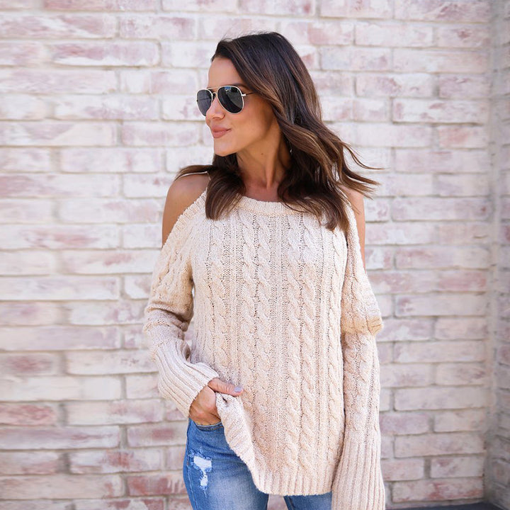 Knitted sweater for women with off-the-shoulder design and cable pattern Lune London