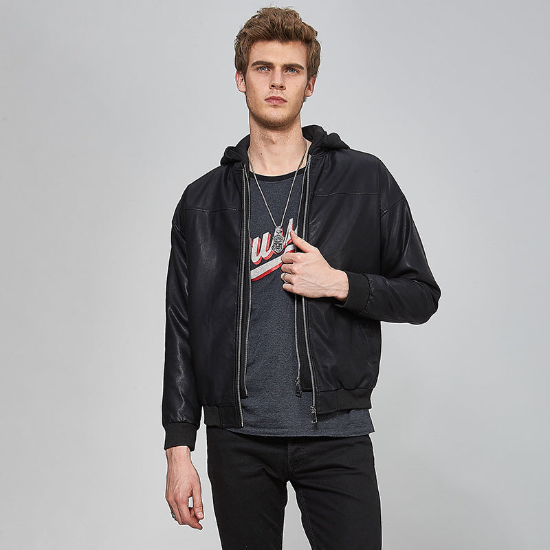 Elegant synthetic leather jacket for men with hood and warm lining Lune London