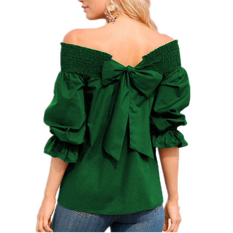 Off-shoulder blouse for women with ruffle sleeves and bow detail Lune London