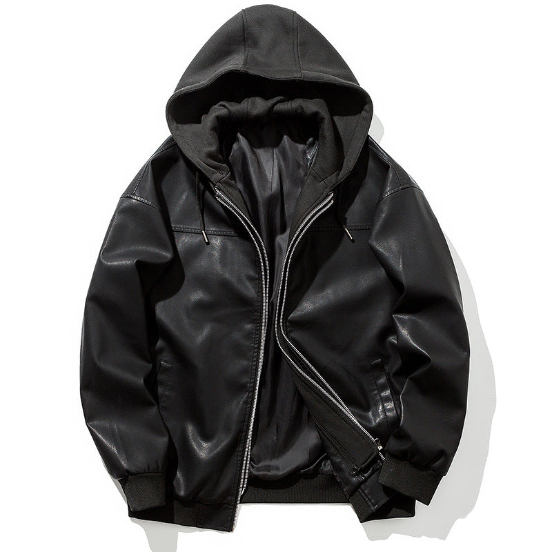 Elegant synthetic leather jacket for men with hood and warm lining Lune London
