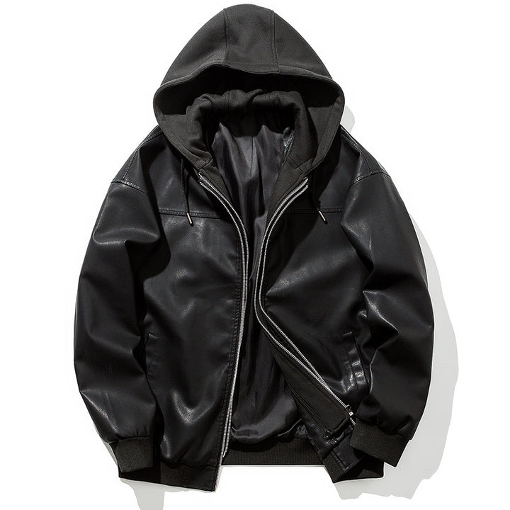 Elegant synthetic leather jacket for men with hood and warm lining Lune London