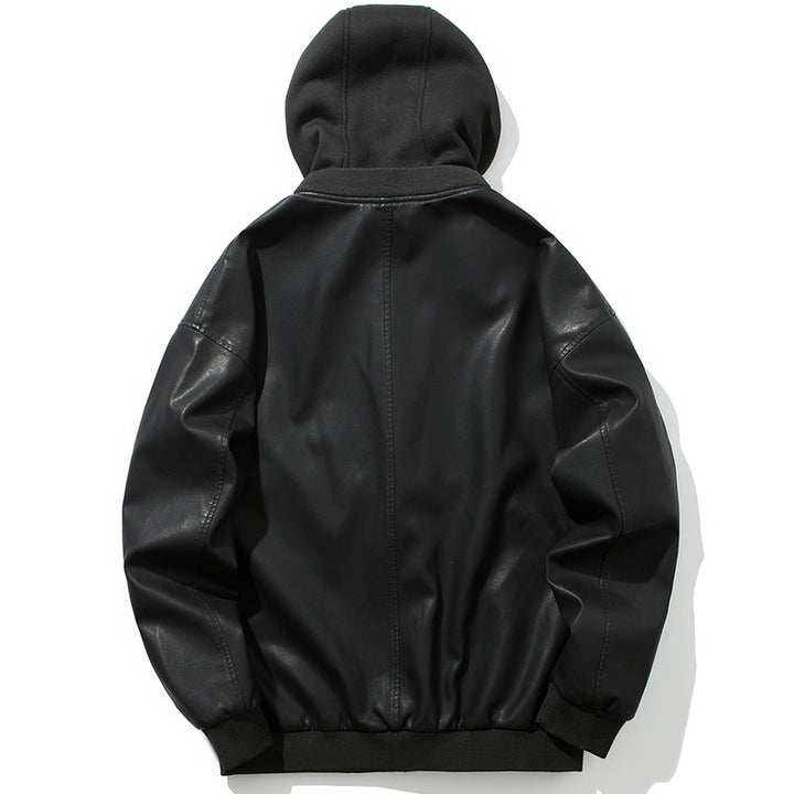 Elegant synthetic leather jacket for men with hood and warm lining Lune London