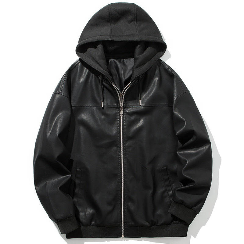 Elegant synthetic leather jacket for men with hood and warm lining Lune London