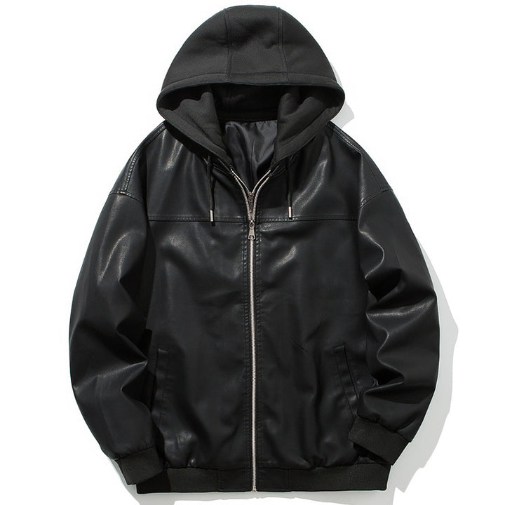 Elegant synthetic leather jacket for men with hood and warm lining Lune London