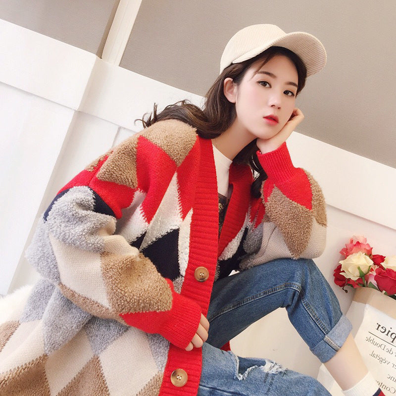 Cardigan en tricot épais pour femmes avec motif en losange décoratif et coupe confortable Chic & Stil