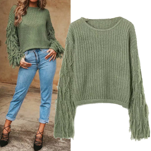 Casual structured sweater for women with fringe sleeves Lune London