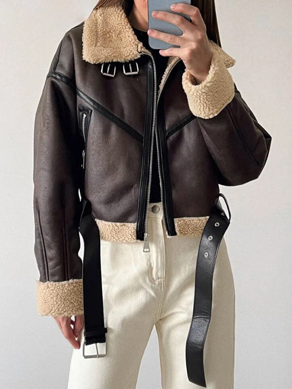 Lune London | Brown lambswool lined leather splice short jacket