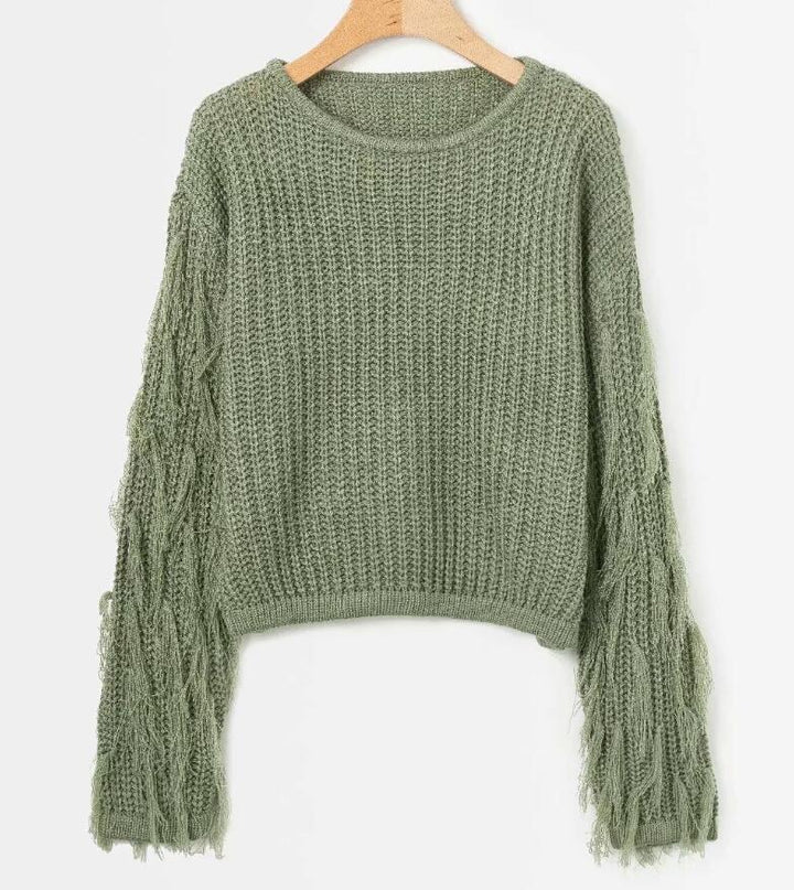 Wool knit sweater for women with fringed sleeves Lune London