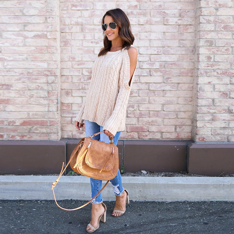 Knitted sweater for women with off-the-shoulder design and cable pattern Lune London