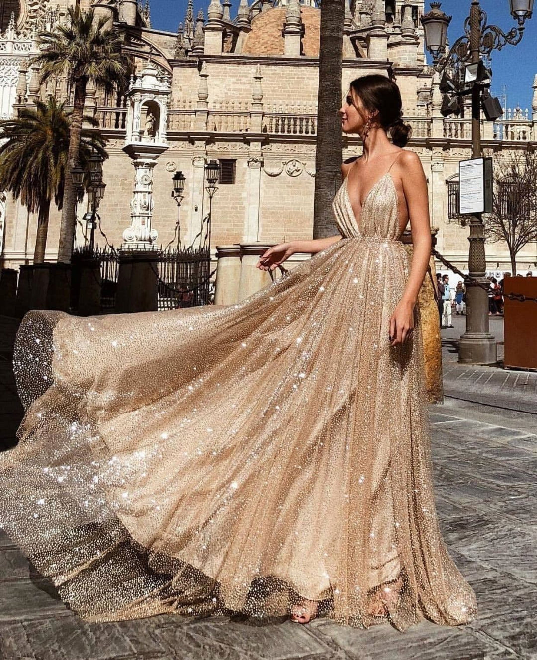 Ladies Glamorous Evening Dress with Deep V-Neck and Shining Sequins Lune London