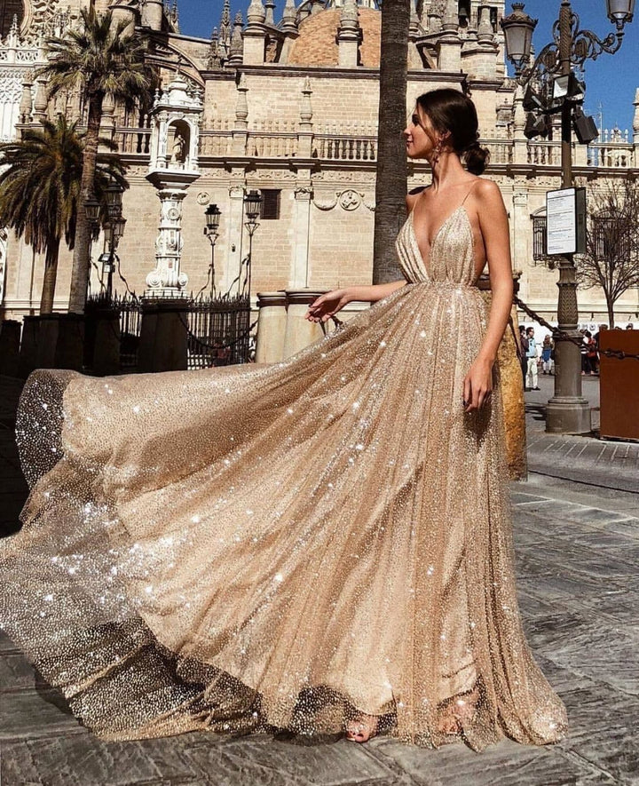 Ladies Glamorous Evening Dress with Deep V-Neck and Shining Sequins Lune London