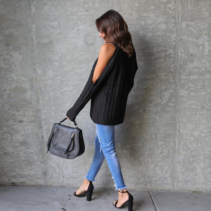 Knitted sweater for women with off-the-shoulder design and cable pattern Lune London