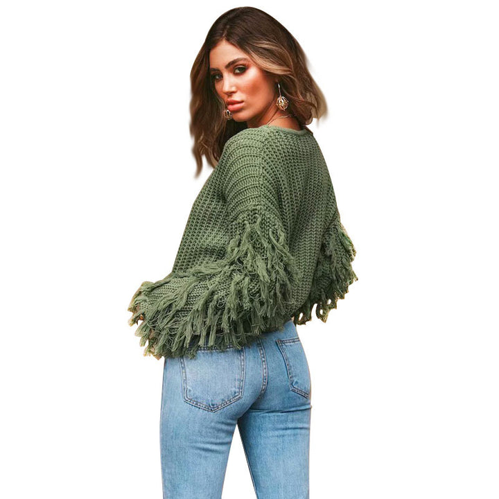 Trendy knit sweater for women with fringe sleeves Lune London