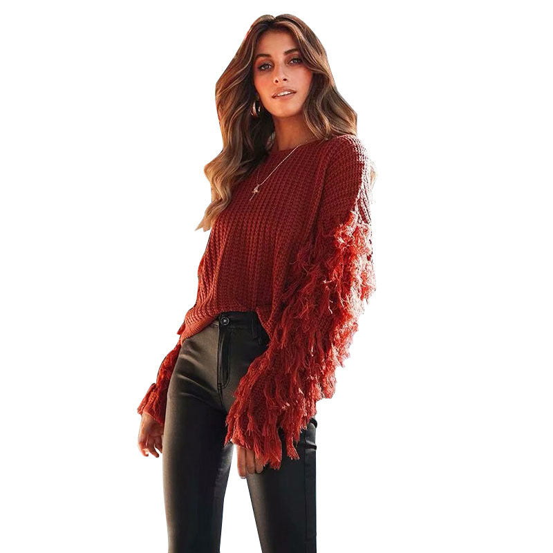 Trendy knit sweater for women with fringe sleeves Lune London