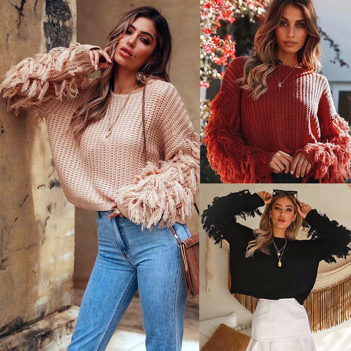 Knit sweater for women with original fringe sleeves Chic and Style