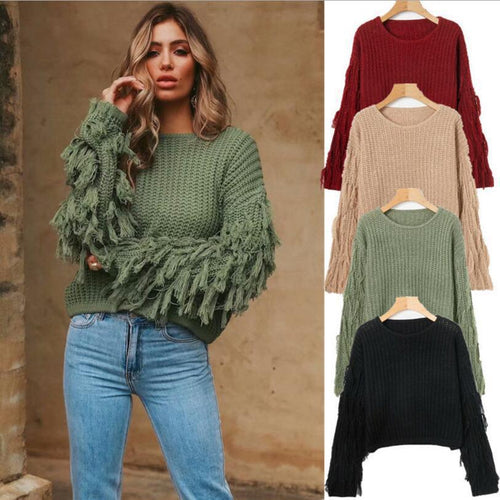 Trendy knitted pullover for women with fringed sleeves and a unique textured pattern Lune London