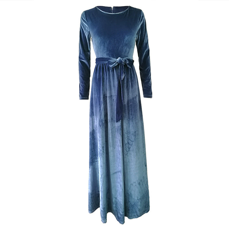 Women's elegant maxi dress made of soft velvet with waist belt Lune London