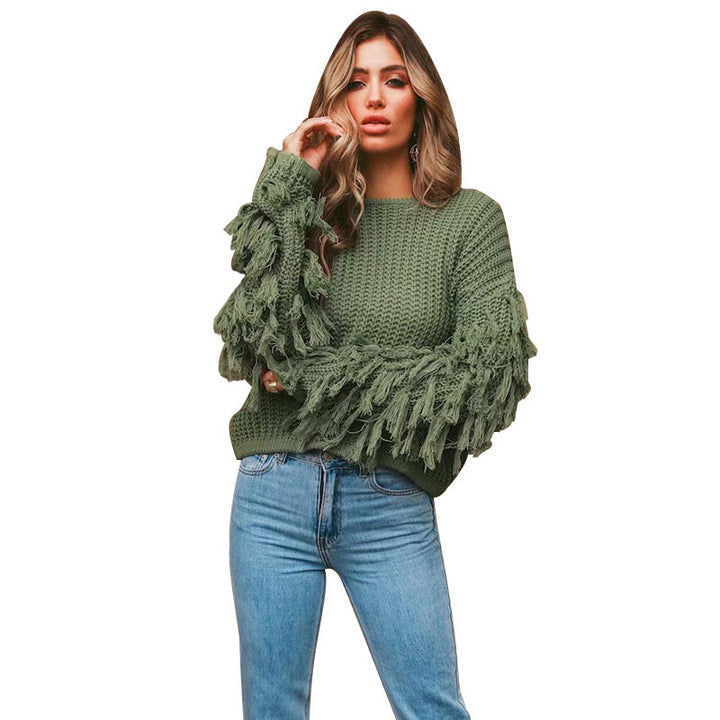 Trendy knit sweater for women with fringe sleeves Lune London