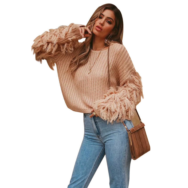 Trendy knit sweater for women with fringe sleeves Lune London