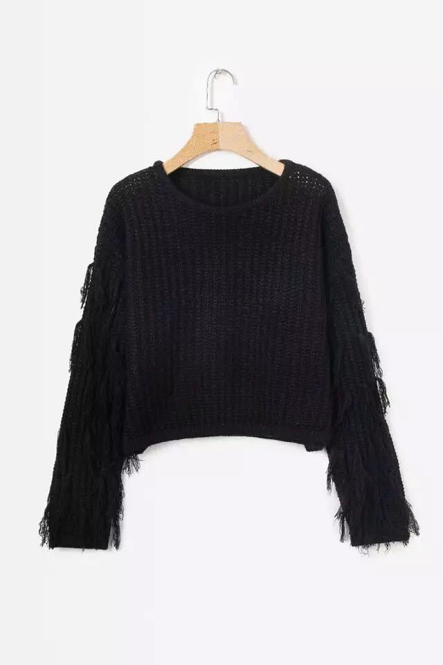 Trendy knit sweater for women with fringe sleeves Lune London