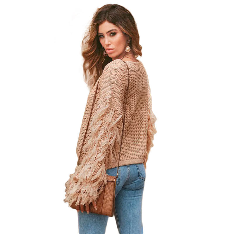 Trendy knit sweater for women with fringe sleeves Lune London