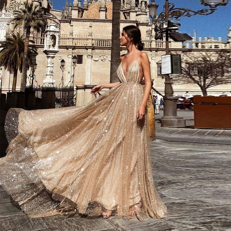 Ladies Glamorous Evening Dress with Deep V-Neck and Shining Sequins Lune London