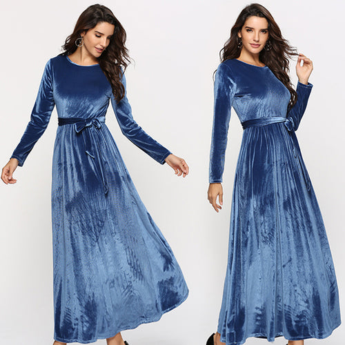 Women's elegant maxi dress made of soft velvet with waist belt Lune London
