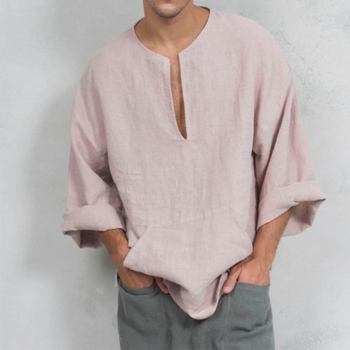Men's casual high linen with Henley neckline and practical kangaroo pocket Lune London