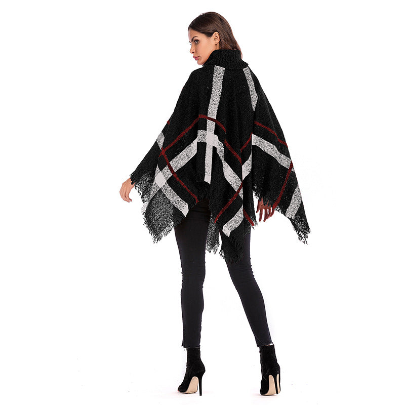 Poncho oversize pour femmes avec col roulé et motif à carreaux décontracté Chic & Stil