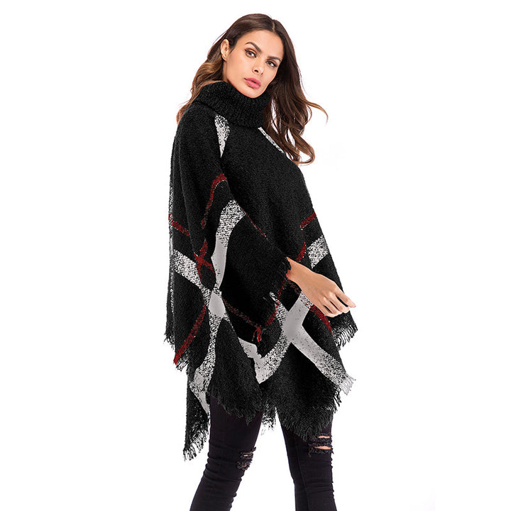 Poncho oversize pour femmes avec col roulé et motif à carreaux décontracté Chic & Stil